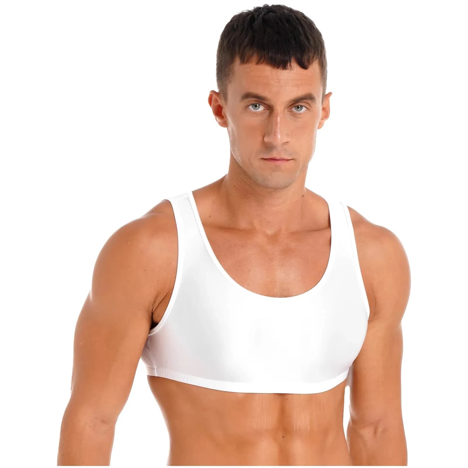 Mens Adult Glossy Cropped Tank Top Solid Color Sleeveless Corset Vest Tops Swimwear Bodybuilding Sports Bra Vest Tee Nightwear