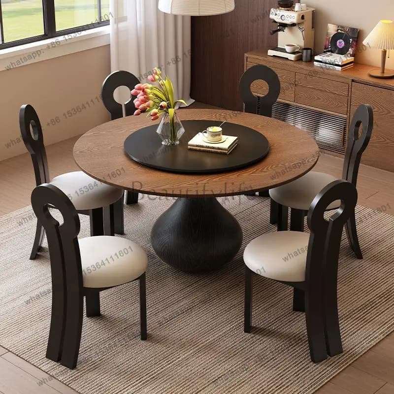 Medieval dining table small apartment round turntable retro living room solid wood ash wood
