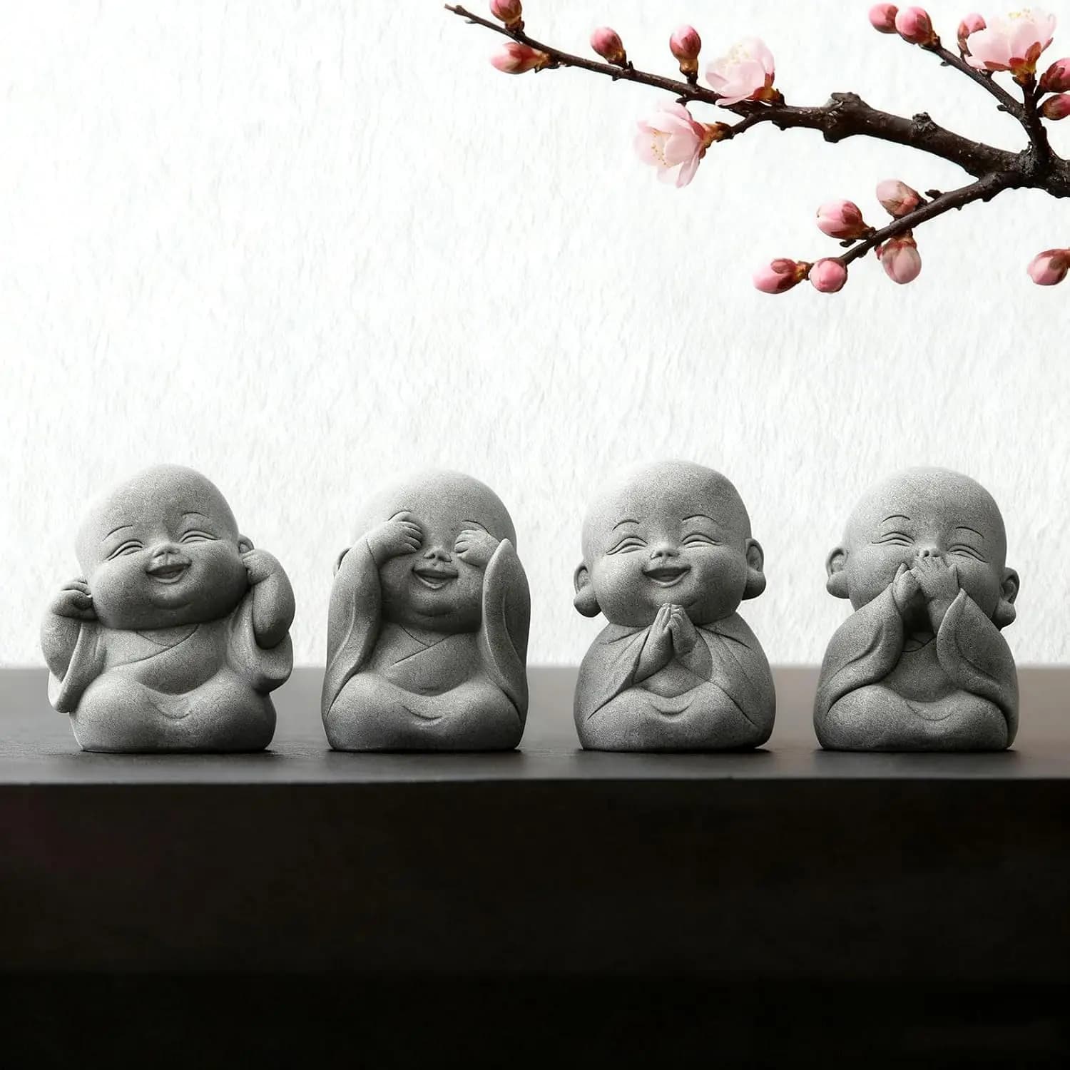 4Pcs Baby Buddha Statue Set, 2 Inch Mini Zen Monk, Sandstone Buddha for Desk Decor, Laughing Buddha for Good Luck, Car Dashboard