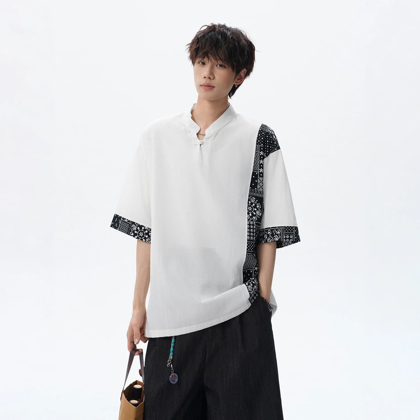 2026 Summer Men's Short-Sleeved Silk-Linen T-shirt in Large Size with Button Closure and Cotton-Linen Tang Suit