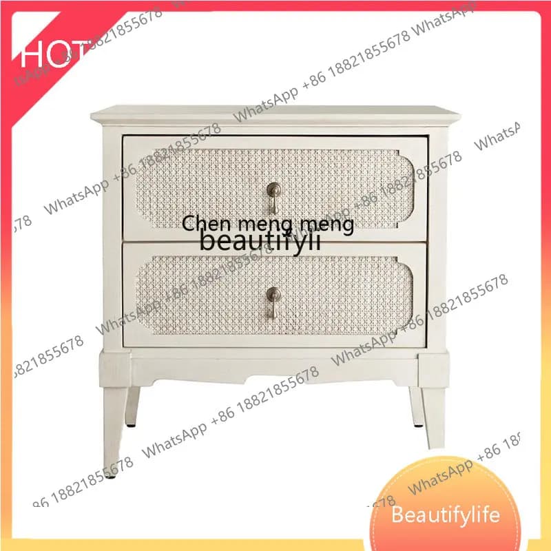 zqFrench Solid Wood Bedroom Chest of Drawers Rattan Cabinet Retro Living Room TV Cabinet Hallway Drawer Storage Cabinet