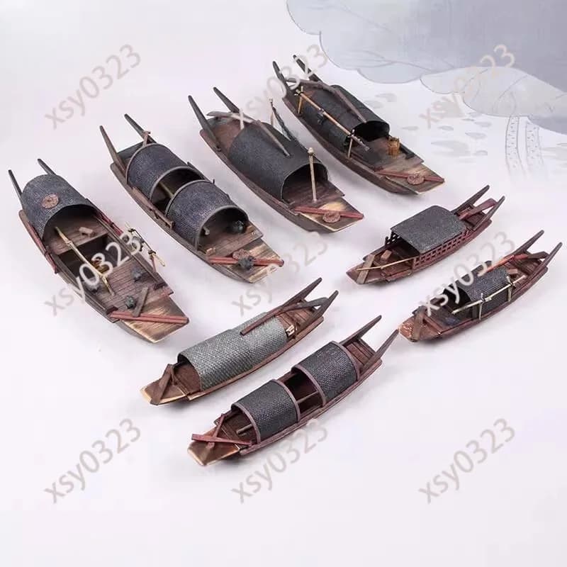 Solid Wood Chinese Traditional Boat Model Ancient River Fishing Boat Decor for Living Room
