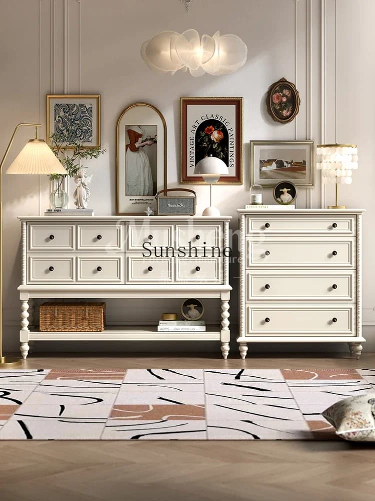 French cream white solid wood chest living room against the wall storage middle antique porch partition dining side  FT