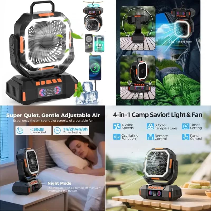 Trending 2026 Portable 4 Speed Solar Camping Table Fan 40000mAh USB Rechargeable Desk Fan with Lights & Power Bank