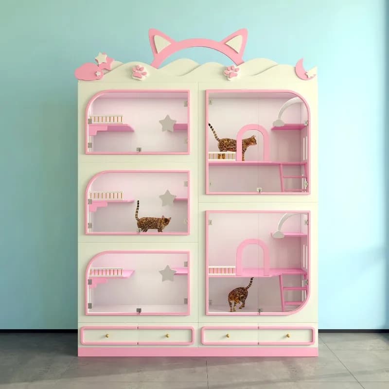 Cage Solid Wood Cat Villa Display Cabinet Three-layer Nest Glass Cat House Large Space Foster  Cabinet