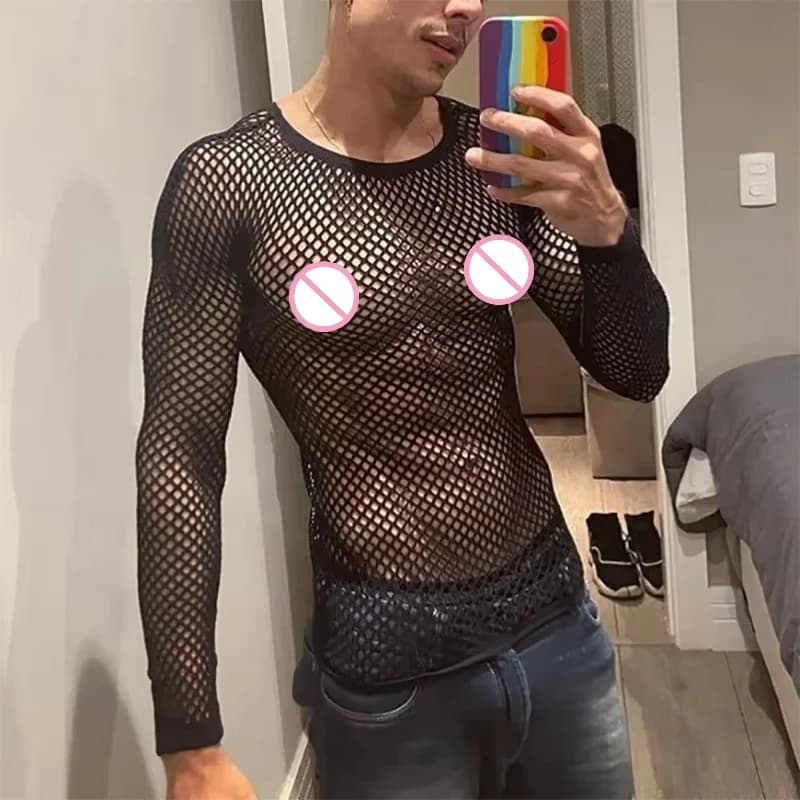Men's mesh long-sleeved shoulder-down perspective T-shirt sexy nightclub clothes fitness breathable fishing net hollow T-shirt