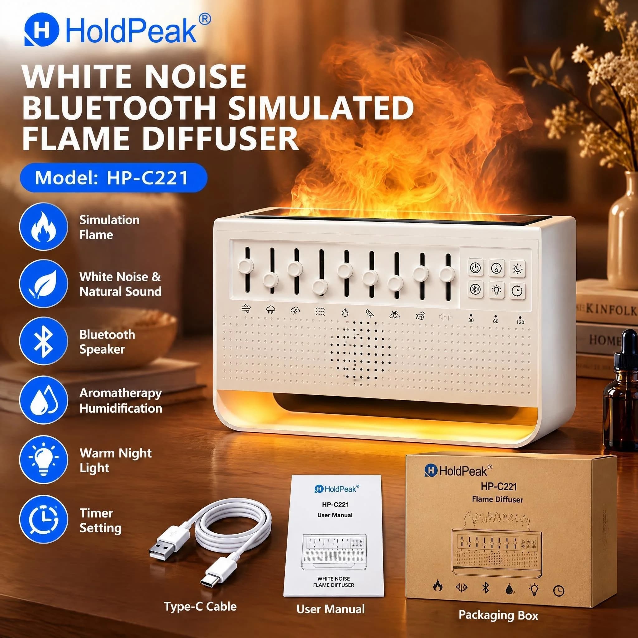 HoldPeak White Noise Bluetooth Simulated Flame Diffuser 8 Nature Sounds Aromatherapy Humidifier for Sleep