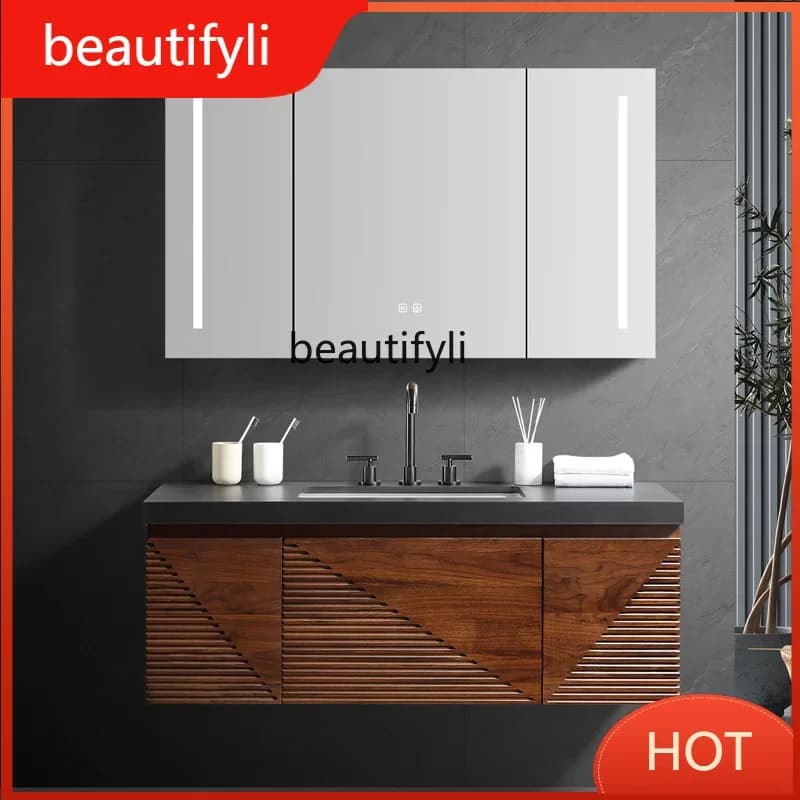 54Black Walnut Log Bathroom Cabinet New Chinese Style Washbasin Wash Basin Cabinet Combination High-End Stone Plate Table To