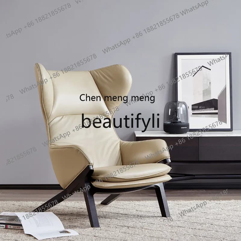 Italian minimalist solid wood casual sofa chair leather designer living room study single chair  R