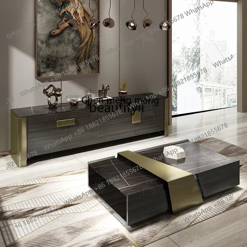 X C Post-Modern Light Luxury TV Cabinet and Tea Table Combination Villa Living Room Stone Plate Floor Cabinet Italian Bedroom Lo