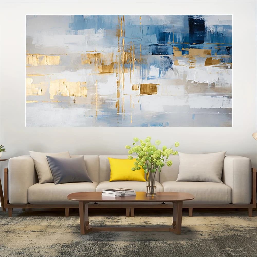 100% Handmade Abstract Oil Painting Blue And Orange Blue gold texture Wall Art Picture For Home Living Room Decor Image Gift