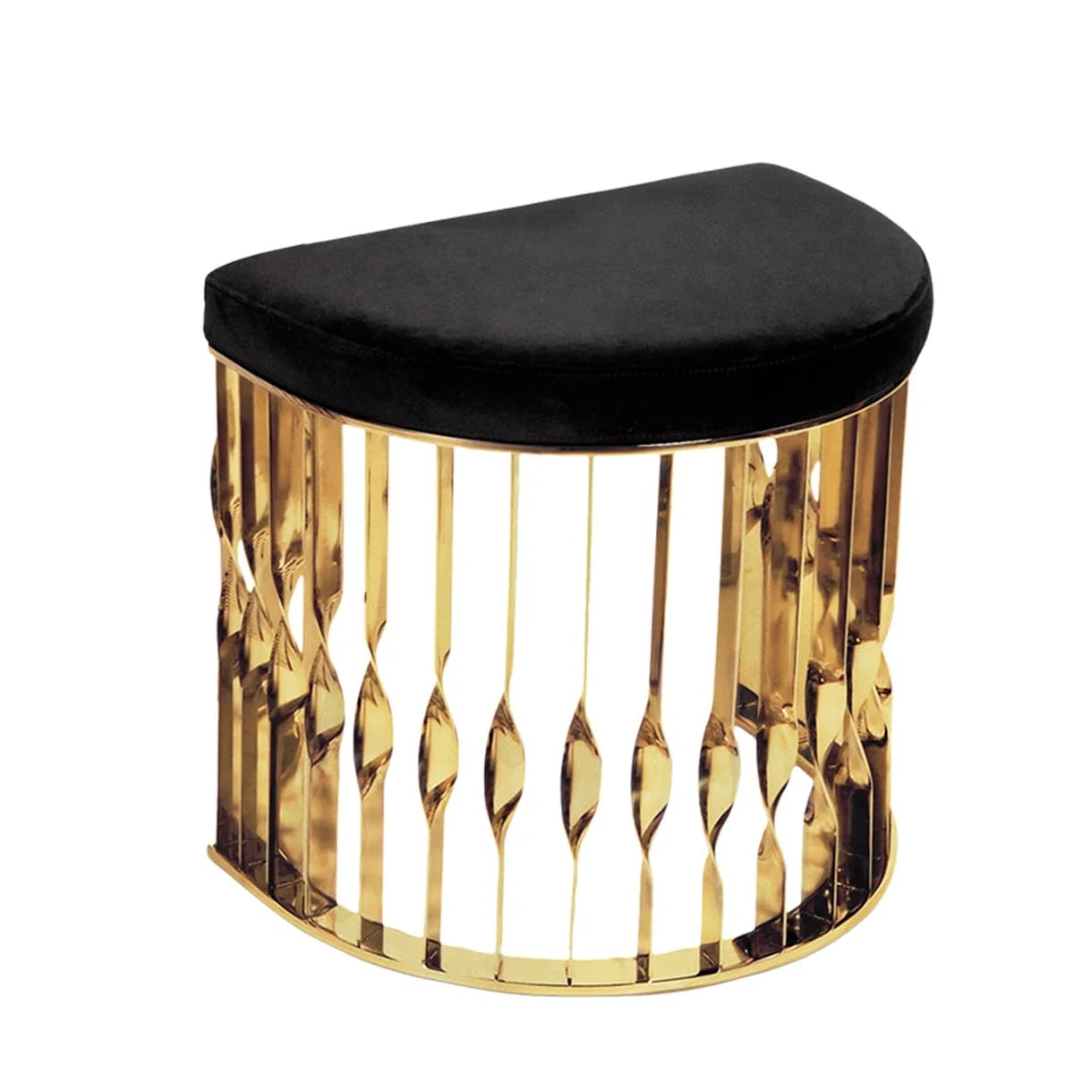 Luxury interior velvet upholstered stool with twisted high-gloss brass base