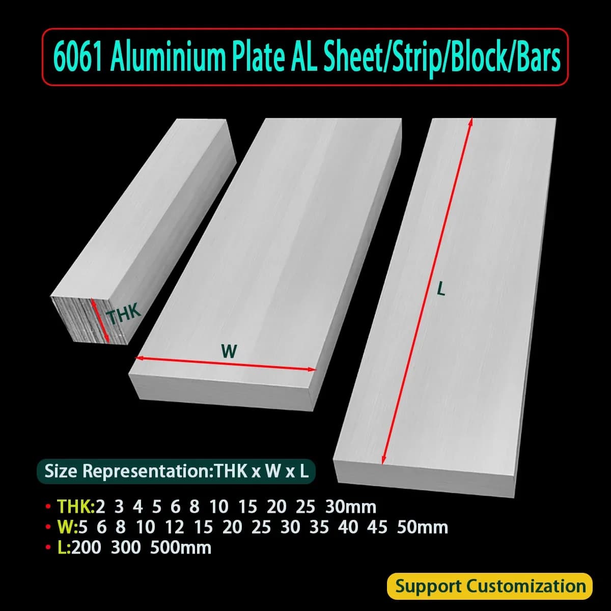6061 Aluminium Flat Bar Plate Strip Block CNC Metal Thickness 2mm 3mm 4mm 5mm 6mm 8mm 10mm 15mm 20mm 25mm Length 500/300/200mm