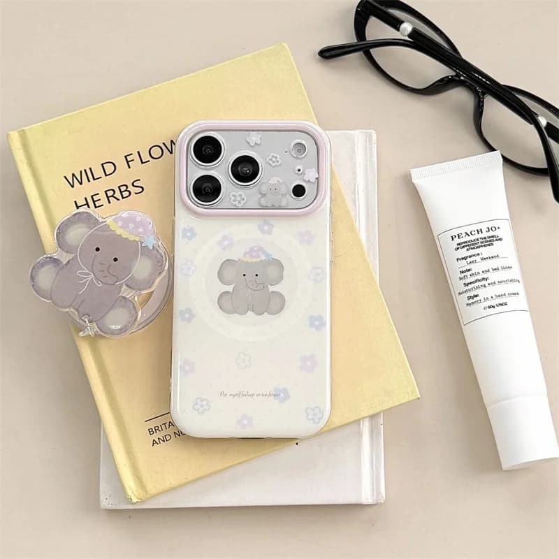 Korean Ins Elephant For MagSafe Case For iPhone 15 16 17 Pro Max With Stand Shockproof Protective Cover iphone 17 pro max case