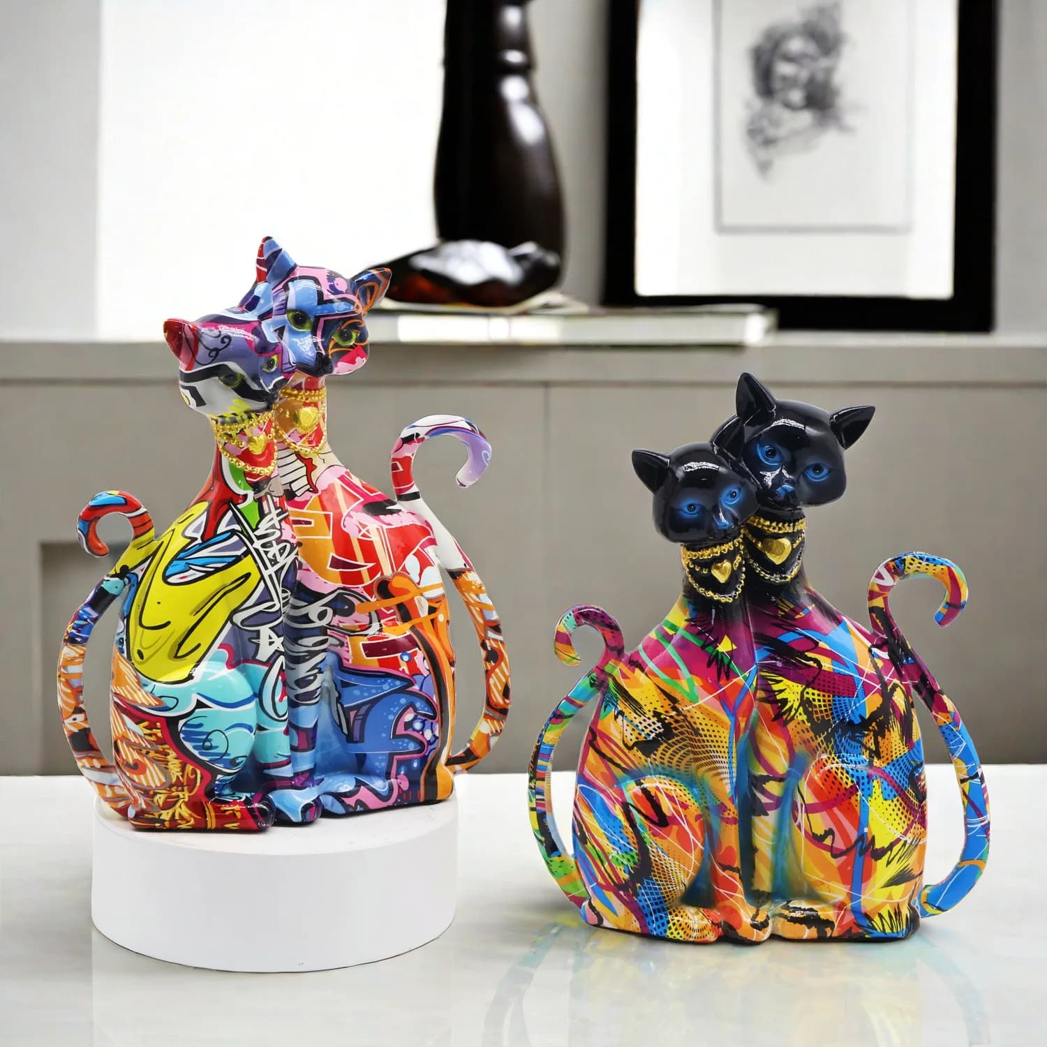 Creative Graffiti Doodle Cat Resin Craft Decorative Figurine Home Living Room Table Ornament Couple lovers Wedding Birthday Gift