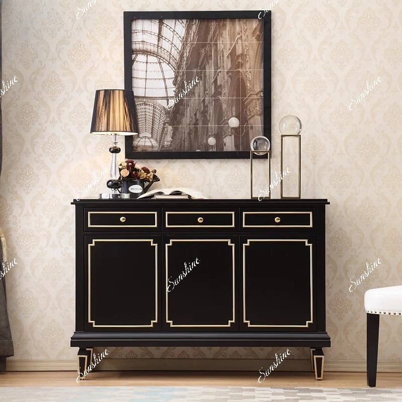 Neoclassical black gold-painted entrance cabinet, simple dining side cabinet in living room