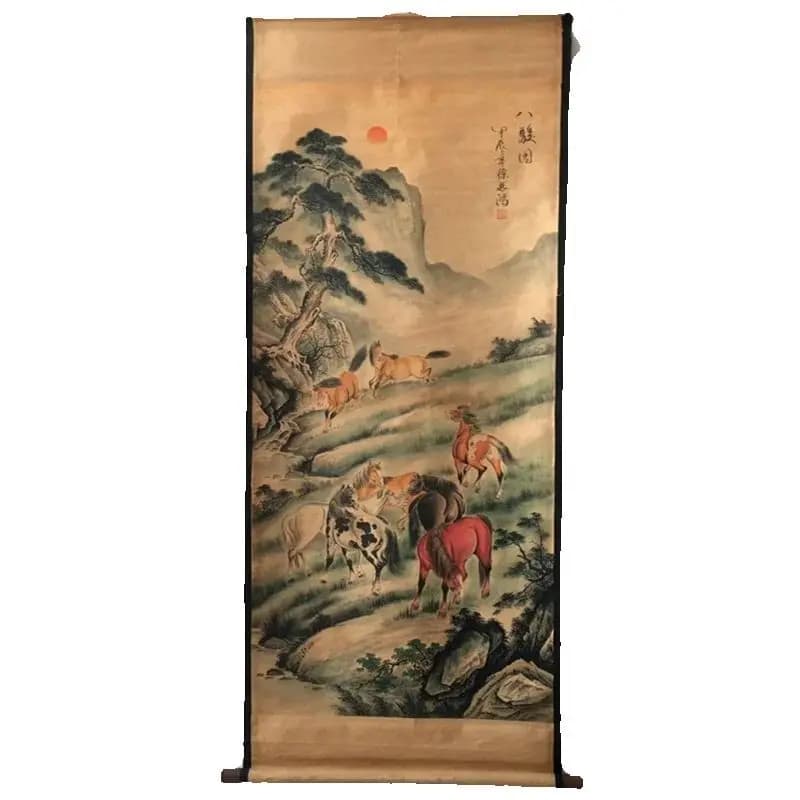 China old Celebrity paintings- Xu Beihong's watercolor painting of the Eight Horses Scroll Hanging paintings
