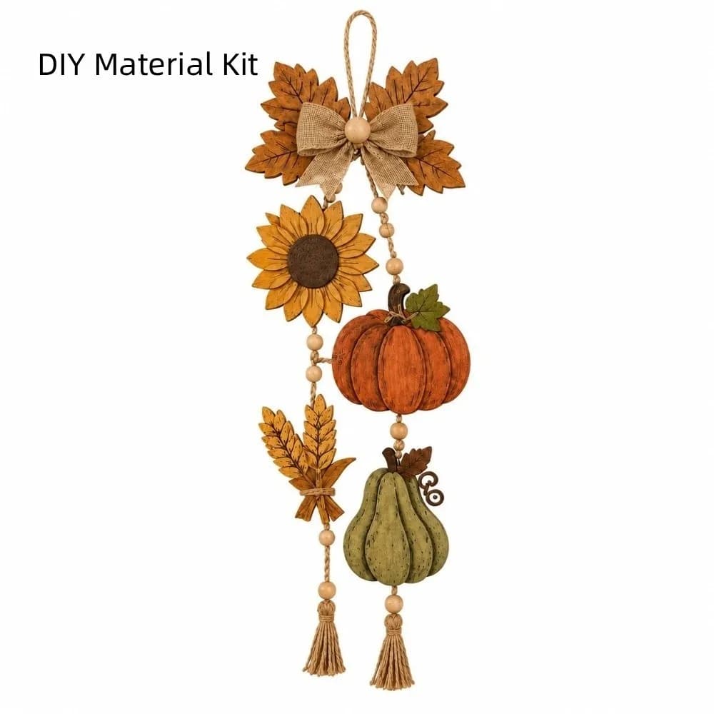 Wooden Halloween Pumpkin Ornaments Maple Leaf with Burlap Bow Fall Harvest Pendant Material Kit DIY 2D Flat