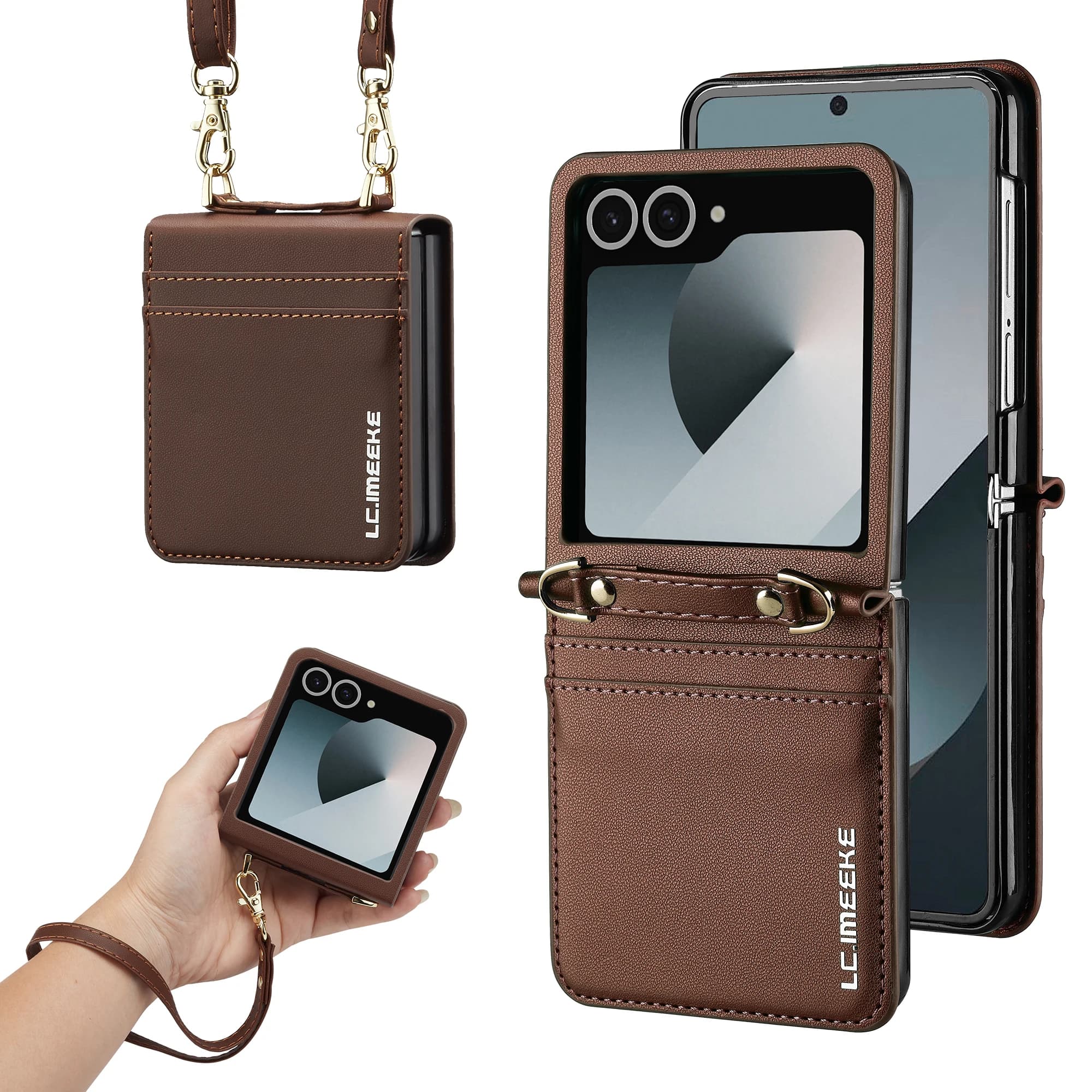 For Samsung Galaxy Z Flip 8 7 6 5 4 3 Case Luxury Skin Friendly Matte Leather Insert Card Bag Flip Cover with Long Short Lanyard