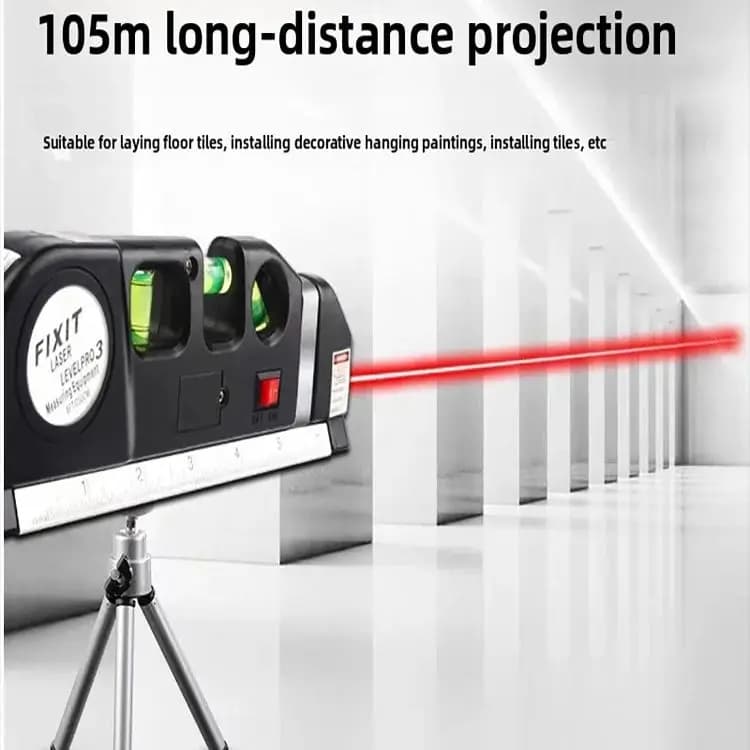 Laser Level Measuring Tool Standard Crosshair + 8-Foot Multi-Functional Tape Measure + Straight Ruler + Bubble Level With Metal
