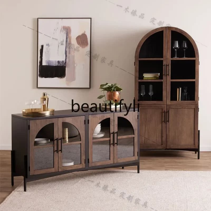 DD45 American-style Light Luxury Solid Wood Floor Bookcase Living Room Arched Glass Door Storage Cabinet Wine Cabinet