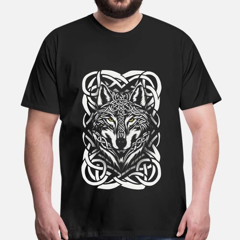 0415 Celtic Wolf Gift T-Shirt with Viking Runes and Norse Myths Graphic Design, 100% cotton printed Tee, available in all sizes