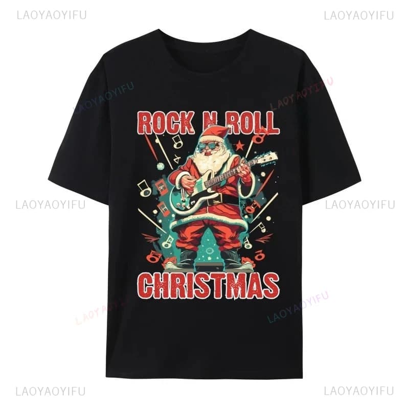 Rock N Roll Christmas Santa Playing Guitar Graphic T Shirt Men's Cotton T-Shirt Trendy Youth Art Tees Unisex Funny Group Tops