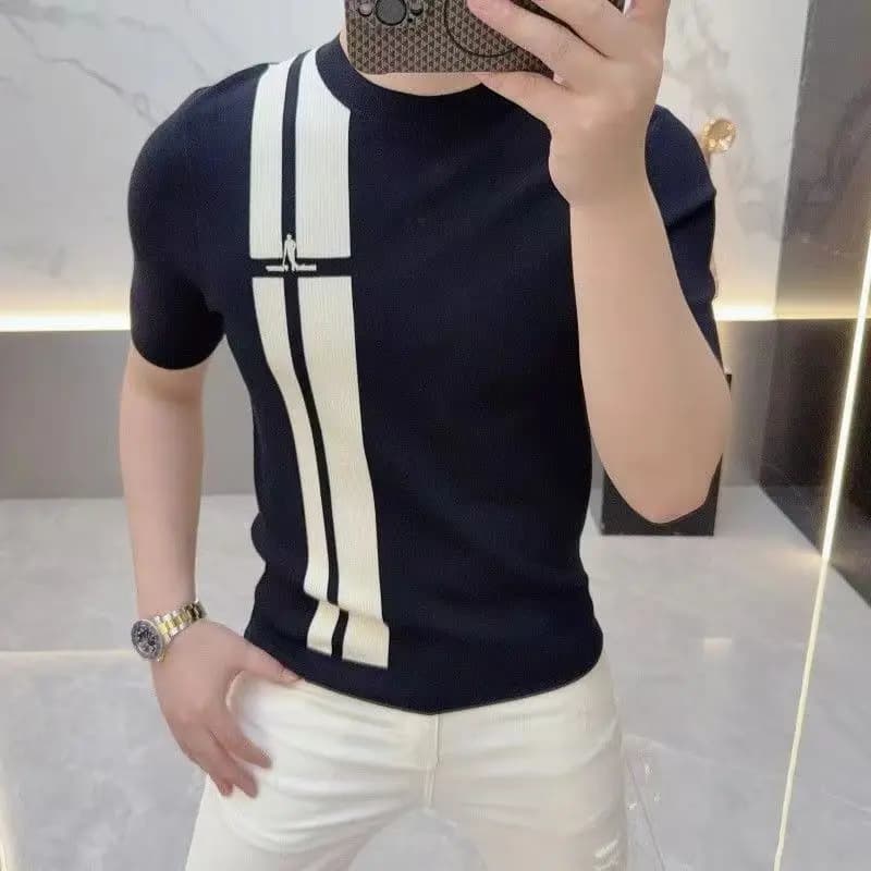 High quality men's striped knit short sleeve round neck slim half sleeve thin men T-Shirts top Tee M-4XL