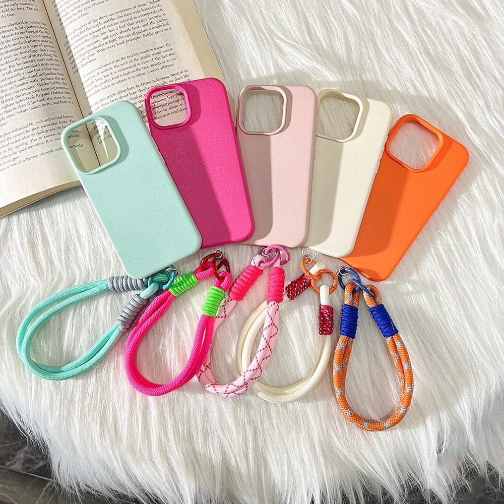 Cute Candy Leather Texture With Wrist Strap Case For iPhone 18 17 Air 16 15 14 11 12 13 16 Pro Max Plus Solid Color Soft Covers