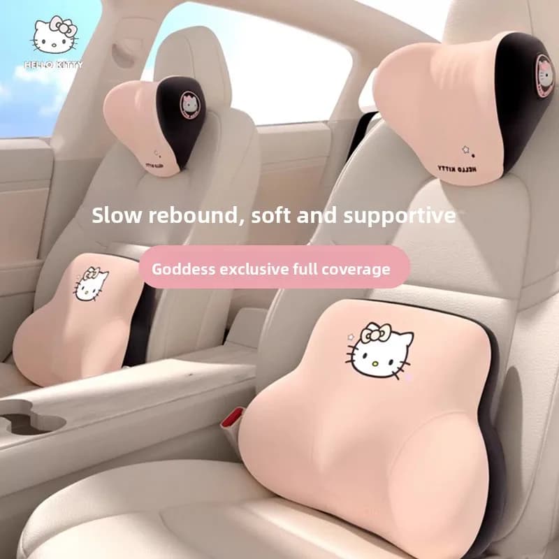 Hello Kitty Memory Foam Headrest Lumbar Support Set Neck Pillow Back Cushion Car Driver Seat Comfort Breathable Polyester Fabric