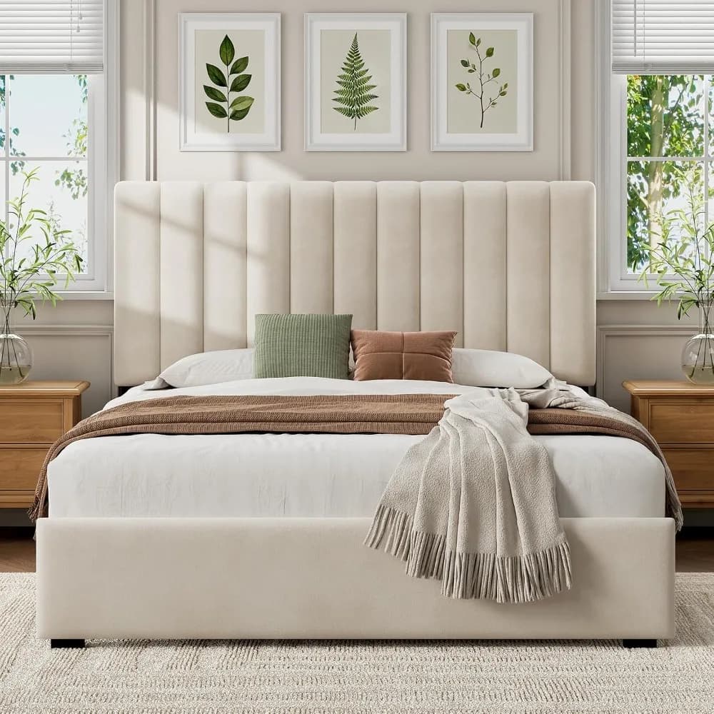 Queen Upholstered Bed Frame with Headboard, Velvet Upholstered Metal Platform Bed with Vertical Channel Tufted, Customized