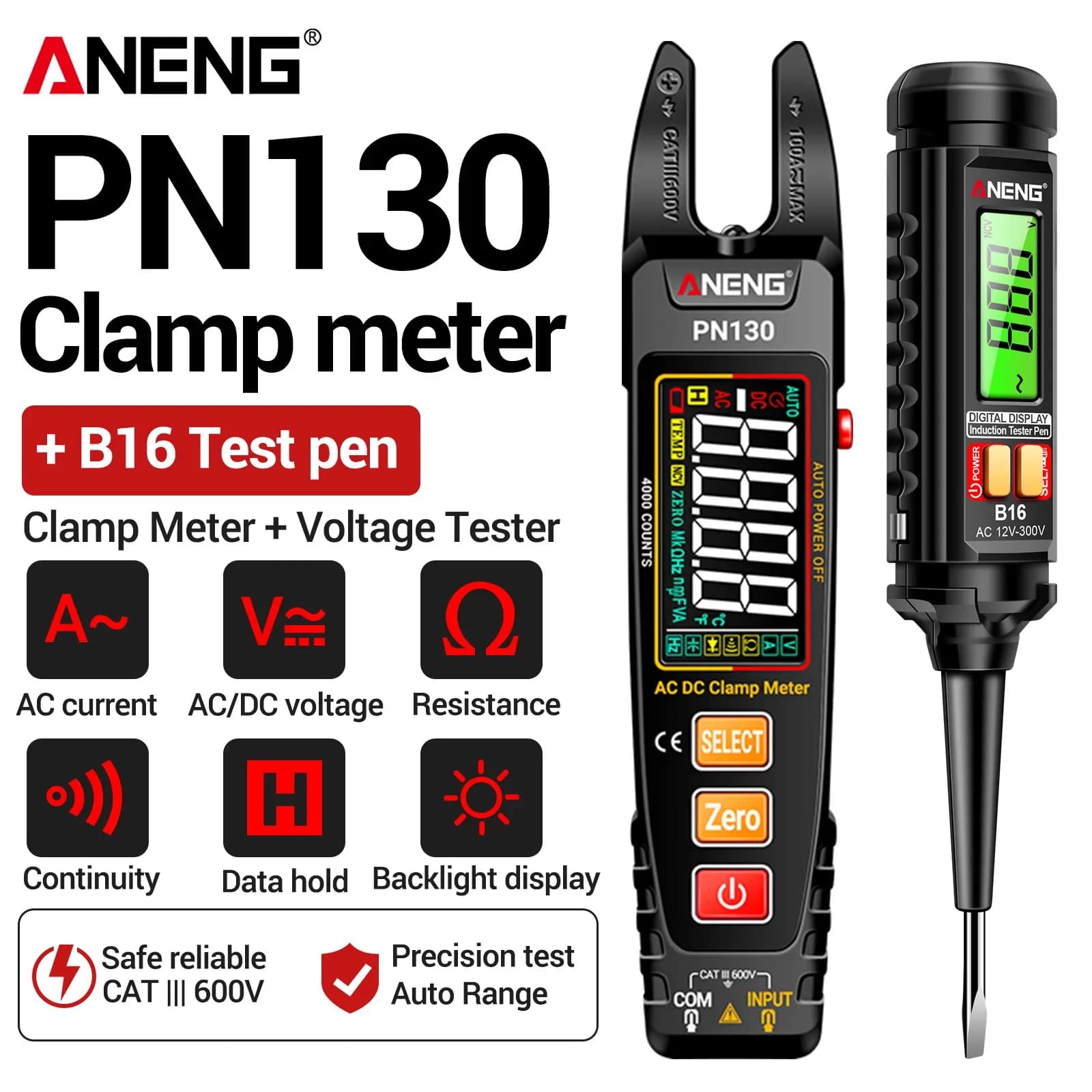 ANENG PN130 Digital Clamp Meter with B16 Induction Pen Set 4000 Counts Clamp Meter with Zero and Live Wire Recognition Test Pen