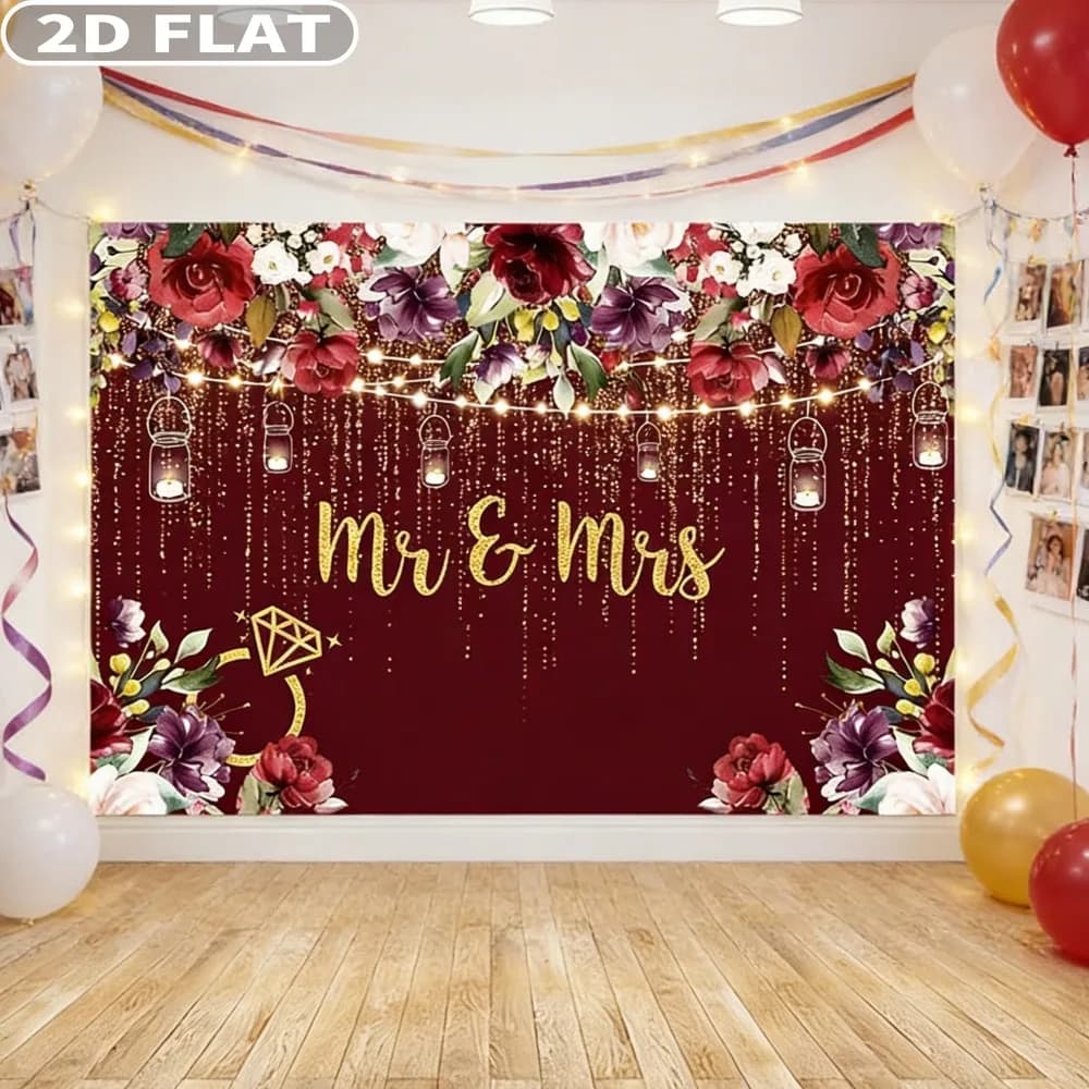 2D FLAT 1pc 7x5ft Burgundy Floral Mr & Mrs Studio Props Backdrop, Polyester Engagement Party Decor for Couples, Wedding Bride