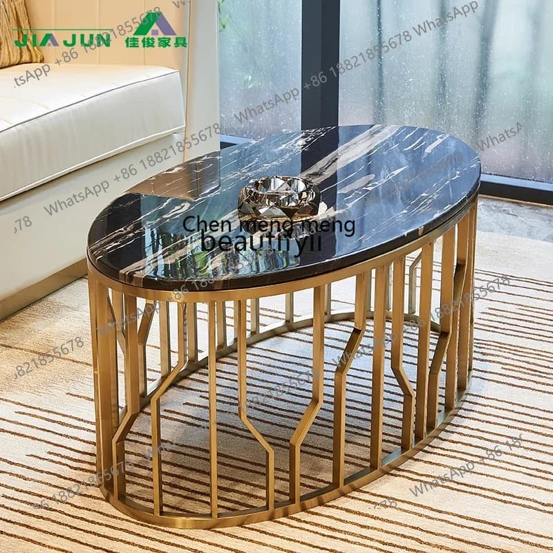 178Nordic light luxury coffee table is simple, household living room stainless steel oval marble sofa side table2936