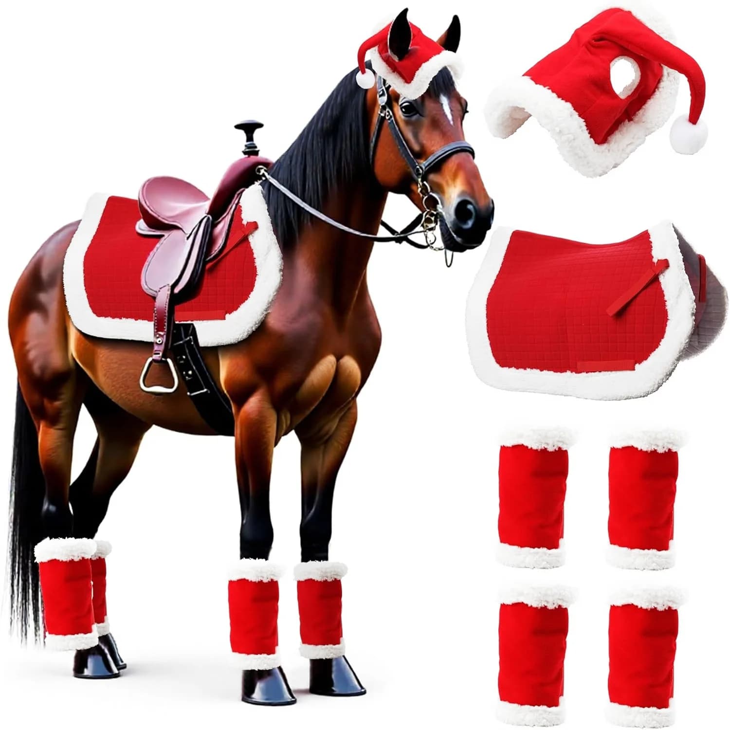 for Ready-Made 6-Piece Set Of Christmas Horse Leg Guards And Hats Winter Warm Logo Printed Saddle Pads