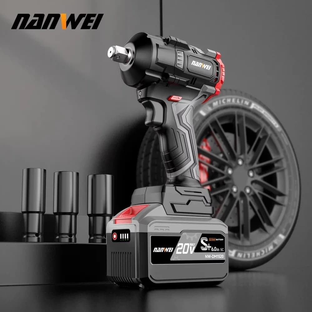 20V Brushless Cordless Electric Impact Wrench 1/2 in Drive 500N.m Max Torque Lithium-Ion Battery Power Tool for Car