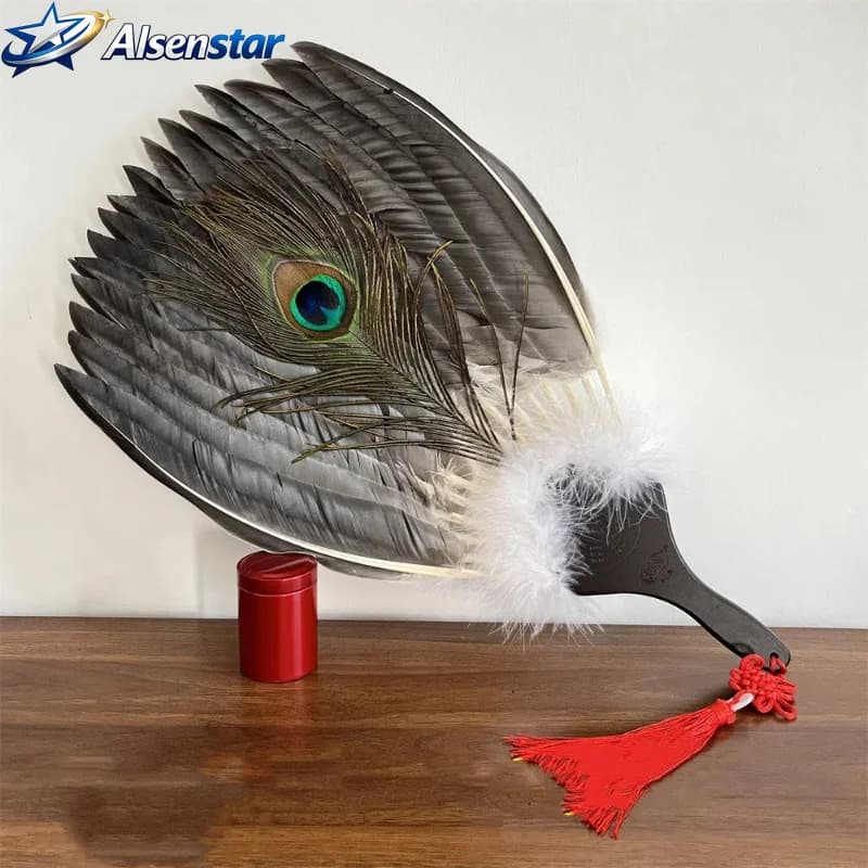 Vintage Handmade Goose Feather Fan Chinese Traditional Zhuge Liang Kongming Stage Performance Costume Wedding Cosplay Photo Gift