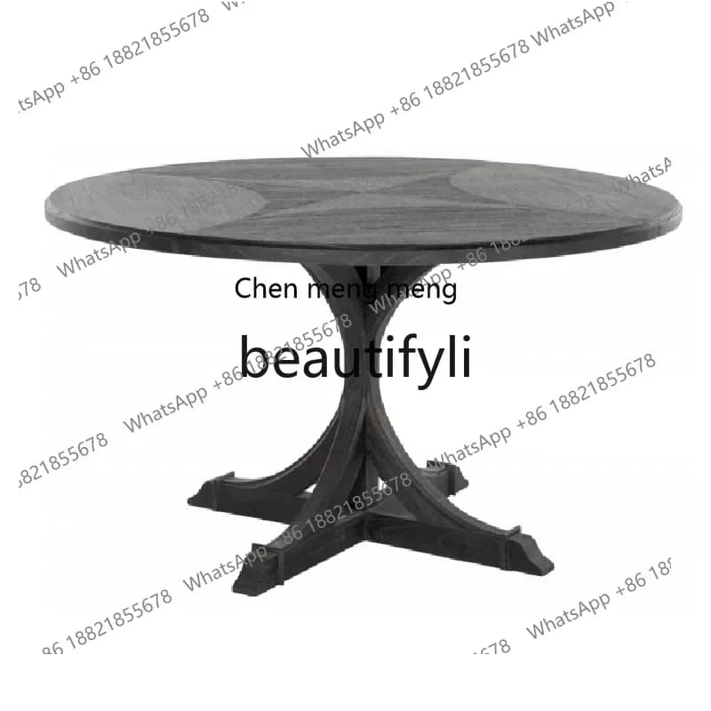 zq1American solid wood round dining table Nordic retro old French light luxury parquet round table