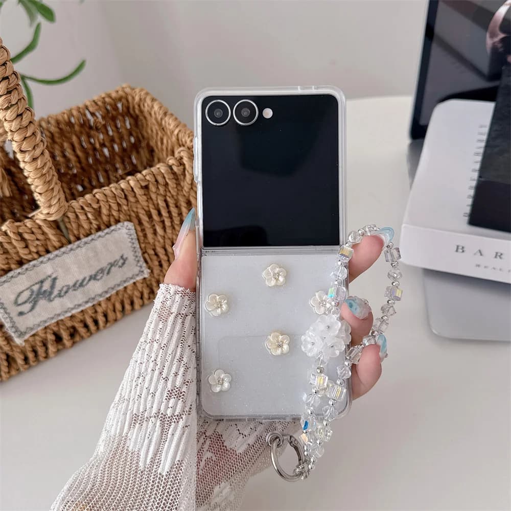 Cute Glitter Clear 3D White Flower Phone Case For Samsung Galaxy Z Flip7 Flip6 Flip5 Flip4  Protective Cover Flower Wrist Chain