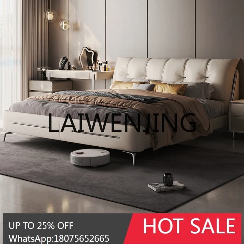 RWJ Leather Bed Primary and Secondary Bedroom Italian Style Light Luxury High Leg Solid Wood Double Marriage Bed