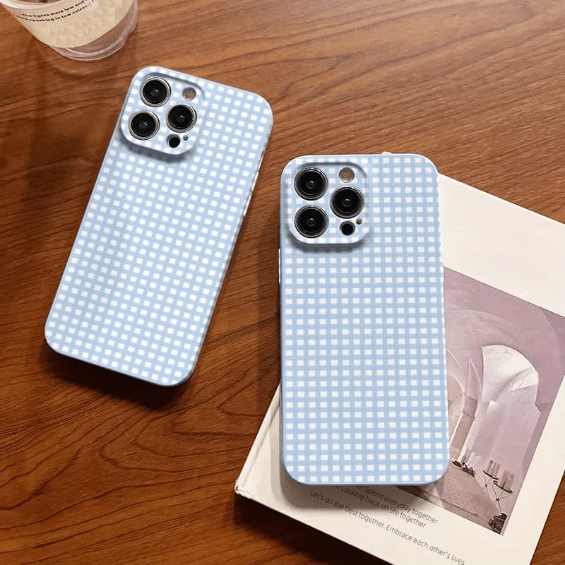 Blue and White Checkered Pattern All-over Glossy Film Phone case, suitable for iPhone 17, 16, 15, 14, 13, 12, 11, etc.