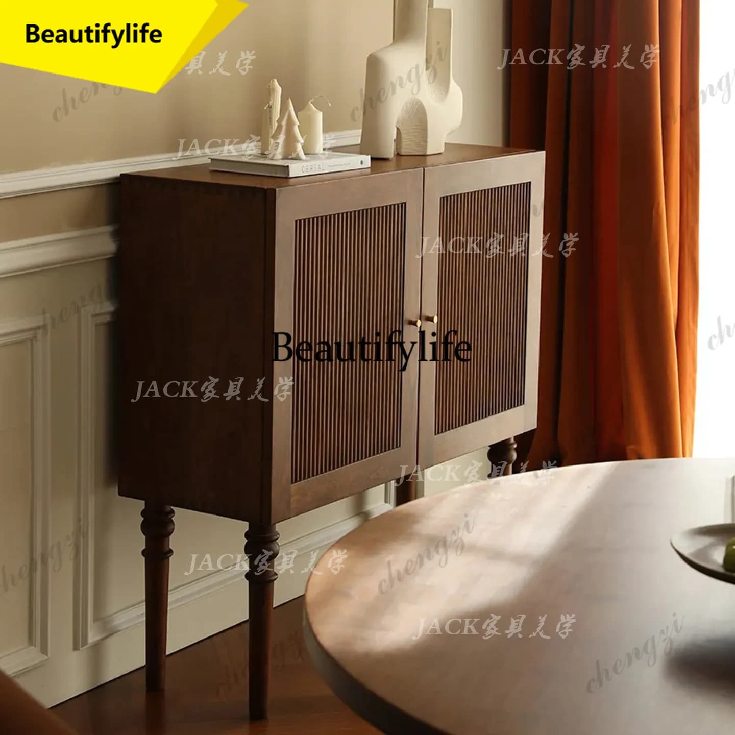 A17 French retro solid wood high-footed dining side cabinet American medieval entrance entrance, storage cabinet
