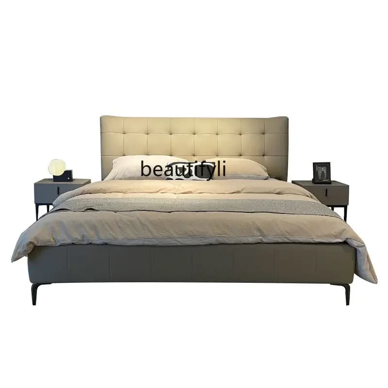 Genuine Leather Marriage Bed Bed in Master Bedroom Simple Italian Double Bed First Layer Cowhide Designer Model