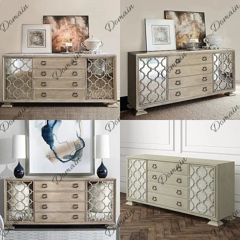 French Distressed Solid Wood Sideboard with Marble Top, Vintage Storage Cabinet for Dining Room Living Room