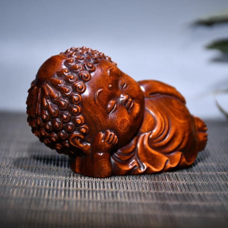 Vintage Boxwood Hand Carved Sleeping Baby Buddha Statue Chinese Cute Wooden Desktop Collectible Ornament