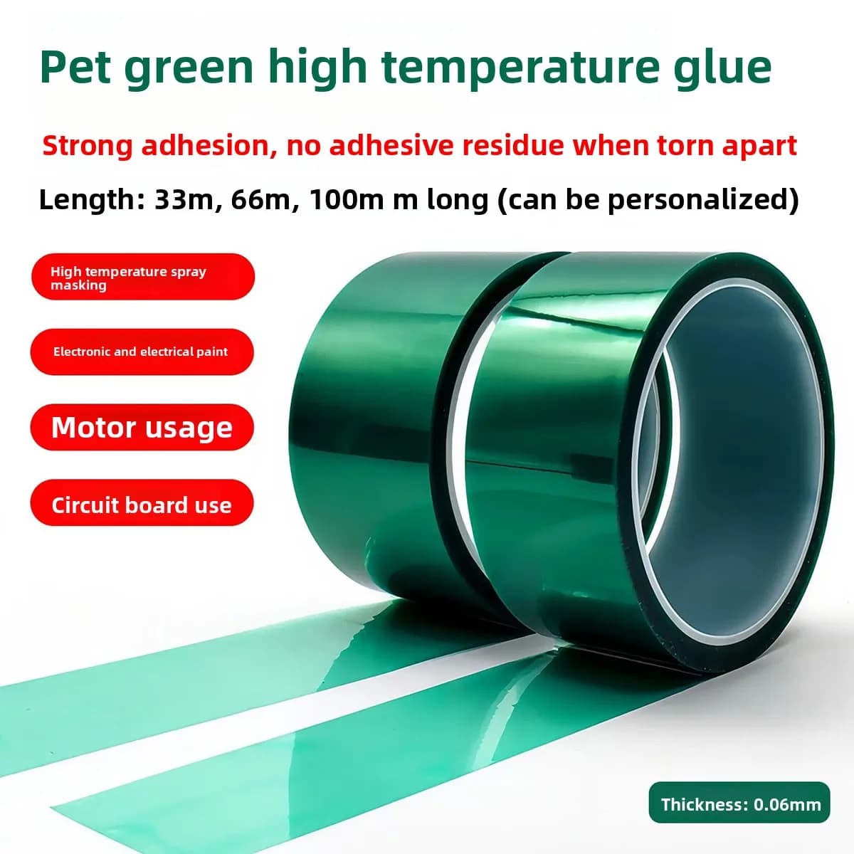 High Temperature Green PET Silicone Adhesive Tape, Insulating Glass Masking Film for PCB Electroplating, Door & Window Spraying,