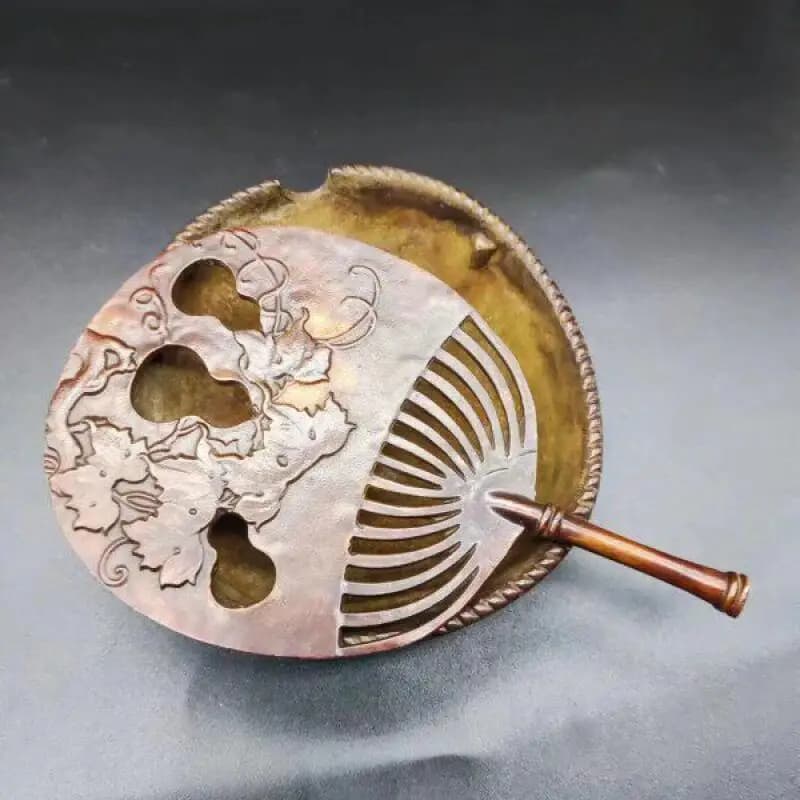 Antique Copper Carving zhuluo Fan shaped Cover Incense Burner Home Office Desktop Decoration Creative Retro Crafts