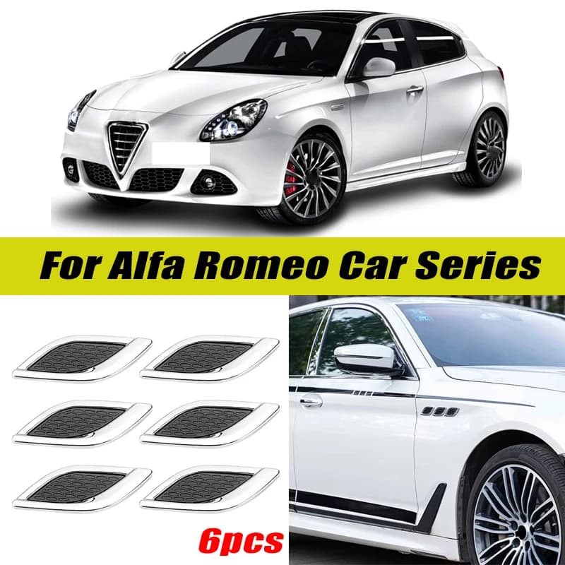 6Pcs Chrome / Black 3D Car Side Fender Air Vent Hood Scoop Outlet Cover Decorative Trim For Alfa Romeo Giulia Car Series