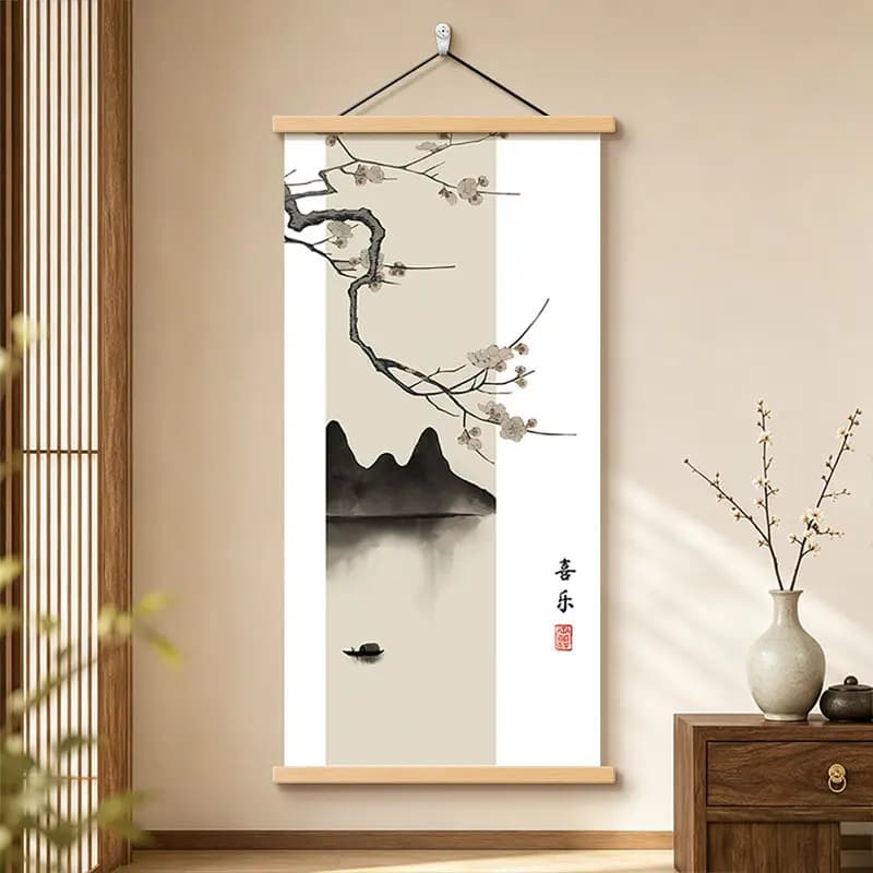 Wall Art Chinese Landscape Birds and Poetic Calligraphy Pearlescent Canvas Hanging Scroll with Wooden Rods for Hallway