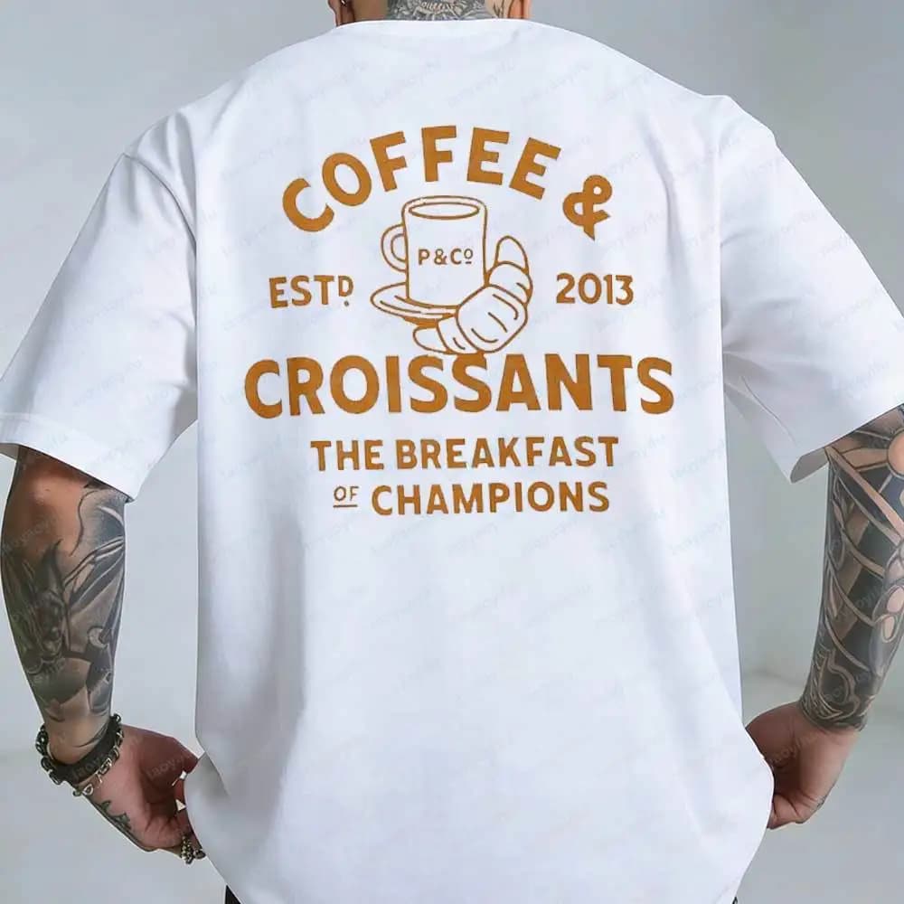 Men's Coffee & Croissants Print T-Shirt The Breakfast of Champions 2013 Graphic Tee Casual Cotton Short Sleeve Streetwear Tops